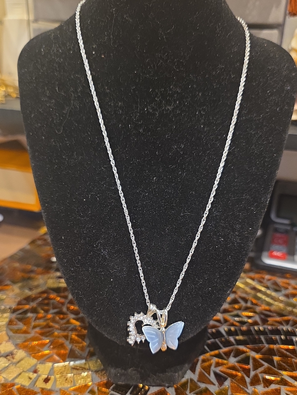 Source Unknown Silver Butterfly Necklace with Blue Enamel